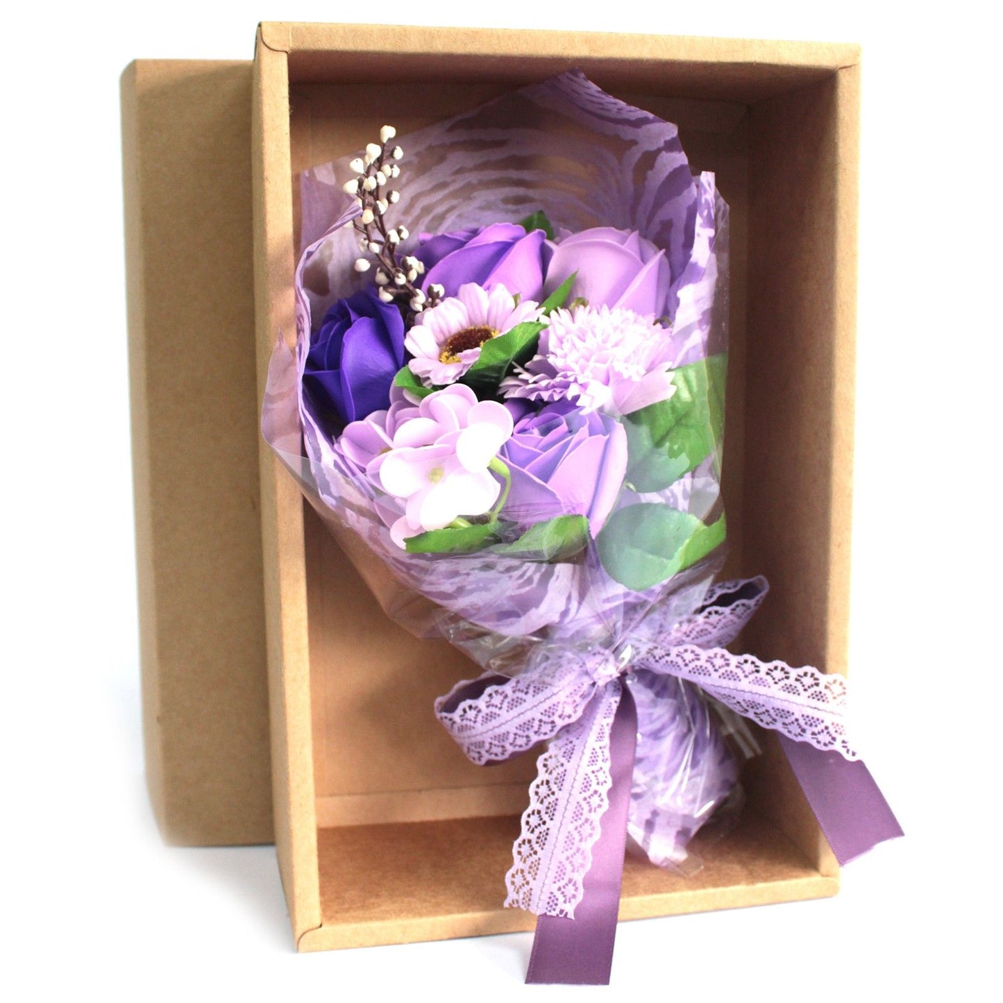Ramo de flores de sabão em caixa - roxo